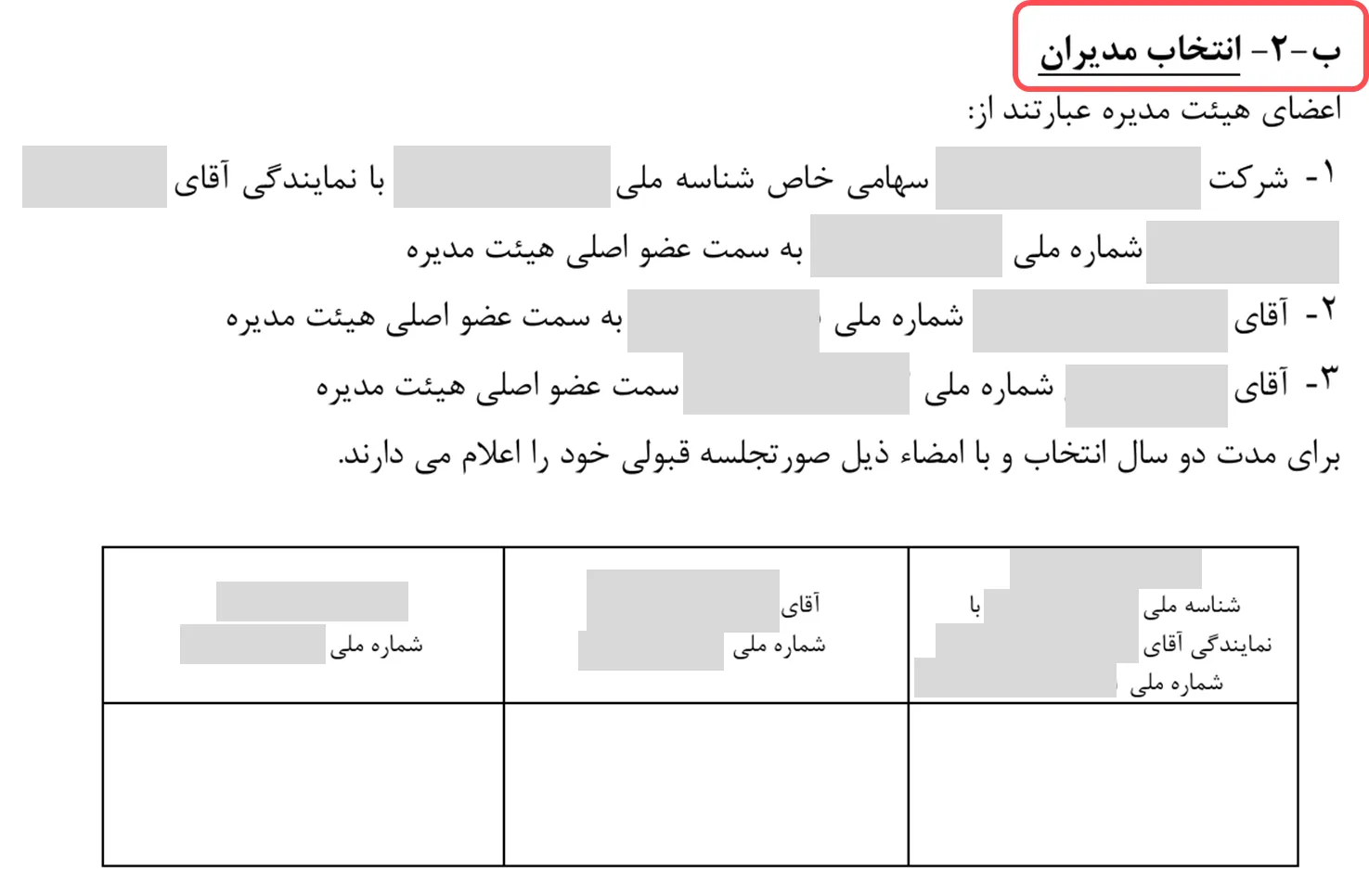 متن انتخاب مدیران در صورتجلسه ثبت تغییرات