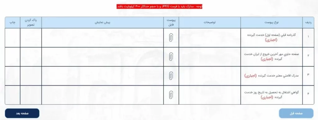 صفحه ثبت مدارک برای اجازه خروج دانشجویی در سامانه میخک