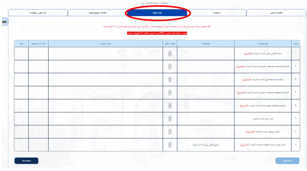 صفحه بارگزاری و ثبت مدارک برای درخواست گذرنامه خودم در سامانهمیخک