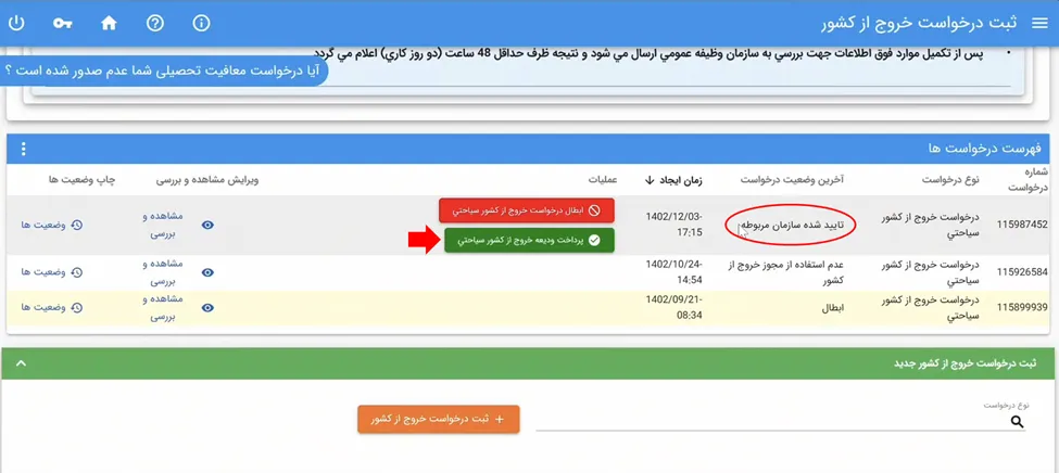 صفحه فهرست درخواست‌ها با پیغامتایید شده سازمان مربوطه