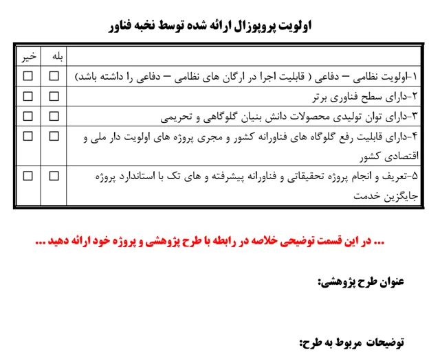 بخش عنوان و خلاصه طرح در فرم درخواست نامه اعلام نیاز معاونت علمی و فناوری