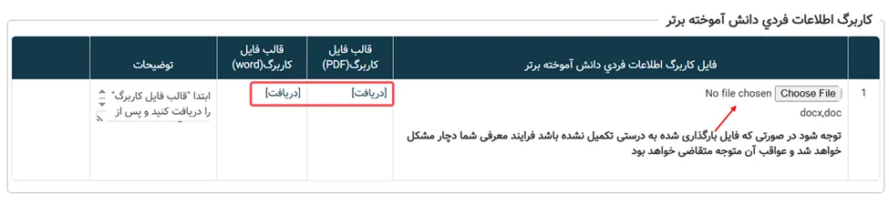 منوی دریافت فایل خام کاربرگ اطلاعات فردی دانش‌آموخته برتر