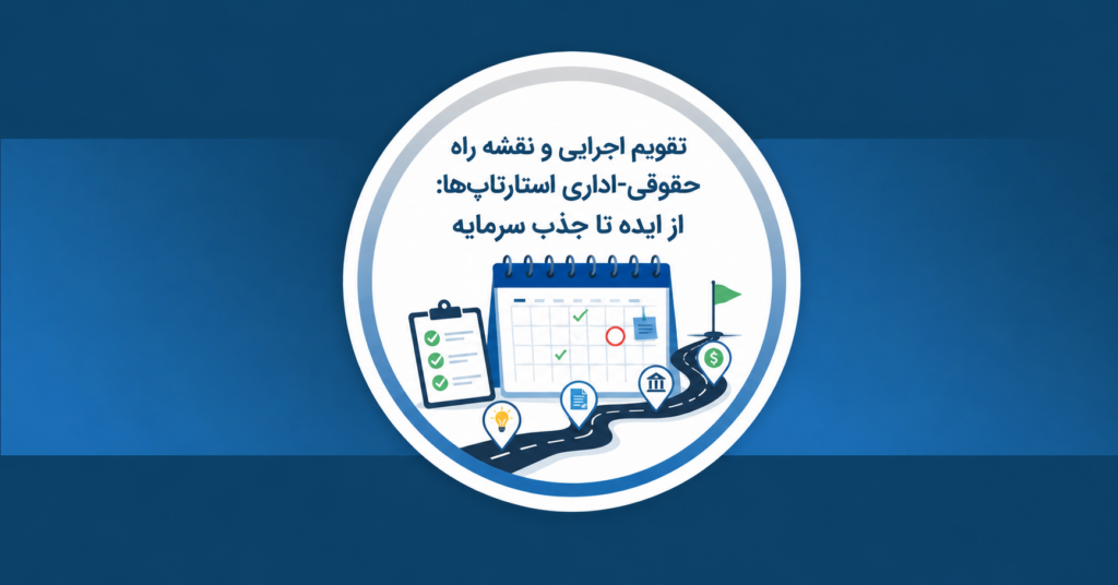 عکس شاخص مقاله نقشه راه حقوقی استارتاپ‌ها، شامل یک تقویم دیواری با علامت‌های چک‌لیست و ددلاین به همراه یک تخته‌شاسی حاوی تیک‌های تایید و نشانگرهای لوکیشن رویدادها (شامل نمادهای ایده/لامپ، سند حقوقی، بانک/سازمان و پرچم هدف) روی یک مسیر و جاده‌ی سیاه‌رنگ است. در بالای تصویر، متن «تقویم اجرایی و نقشه راه حقوقی-اداری استارتاپ‌ها: از ایده تا جذب سرمایه» درج شده است. کل این عناصر گرافیکی داخل یک قاب دایره‌ای سفید با حاشیه آبی قرار گرفته‌اند و پس‌زمینه تصویر یک نوار آبی روشن افقی در مرکز صفحه و زمینه سرمه‌ای تیره‌رنگ است.